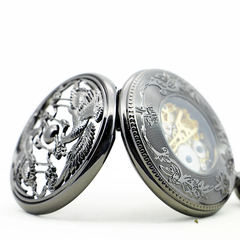 Black Smooth Texture Crane Mechanical Pocket Watch Retro Steampunk Gentleman Style Men's and Women's Necklaces Pendant Clock