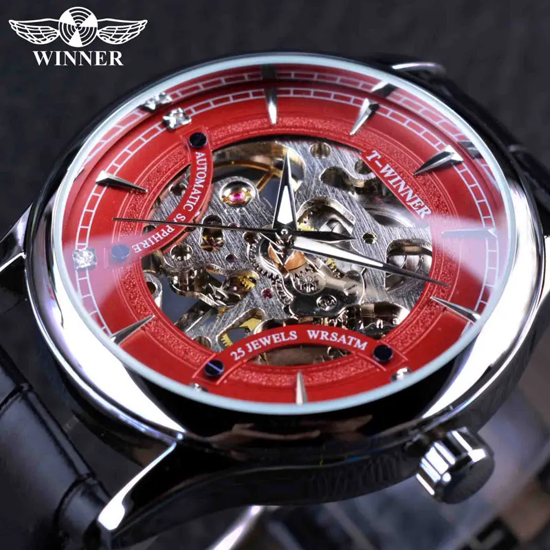 Black Red Winner, модные часы с черной золотой звездой, роскошный дизайн, мужские часы, лучший бренд, роскошные механические часы с скелетом, мужские наручные часы - Цвет: Black Red