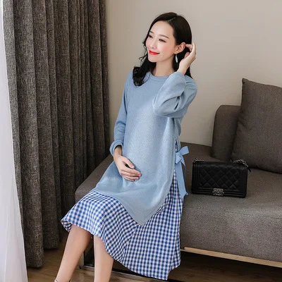 Модные Лоскутные трикотажные платья для беременных женщин осенне зимнее