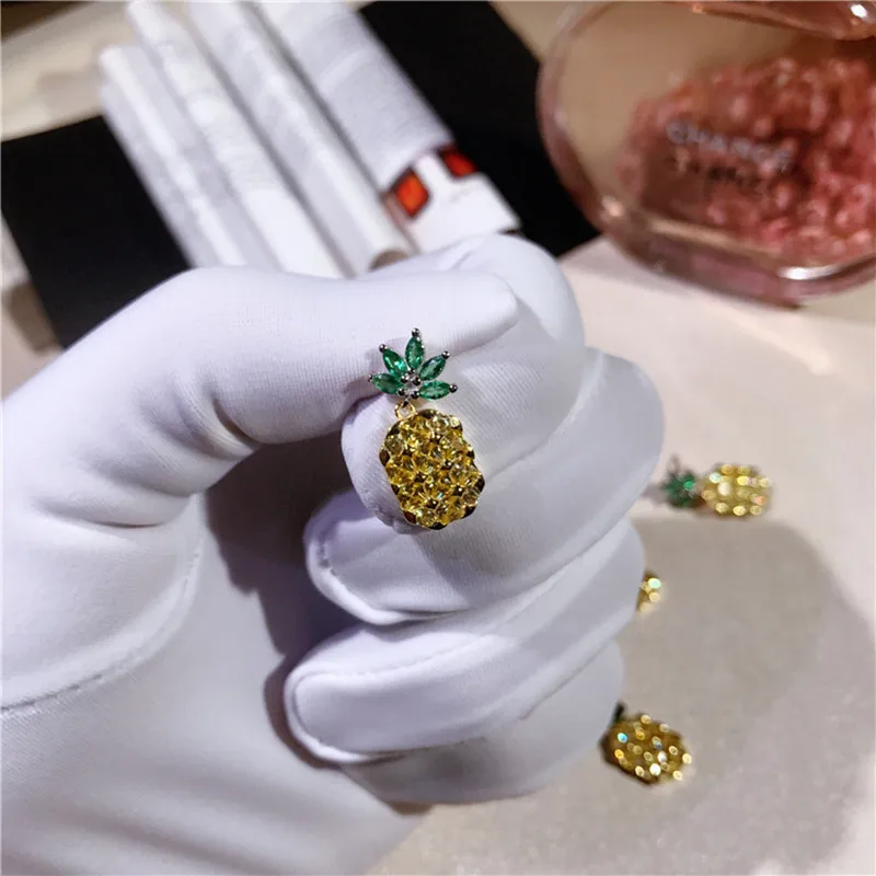 2017 new fashion S925 sterling silver exquisite craft pineapple earrings lovely yellow zircon stone fruit women's | Украшения и