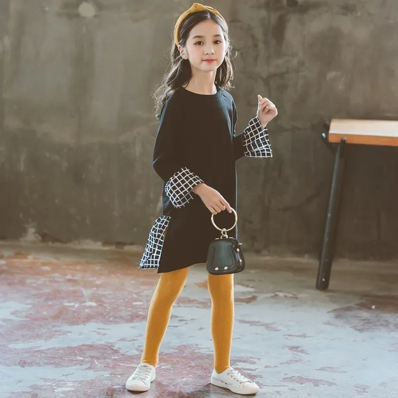 flare sleeved teen girls dresses 2019 black big kids princess dress o neck long sleeve tops autumn winter spring casual clothes | Детская