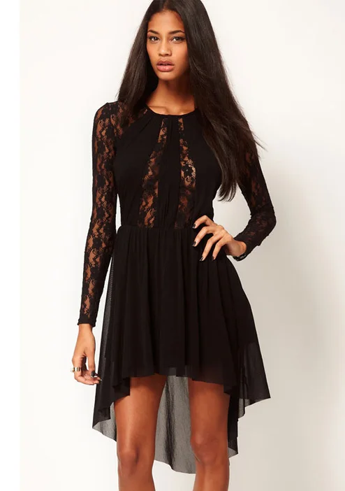 Black High Low Lace Insert Skater Dress Fashion Long Sleeve Autumn for Women | Женская одежда
