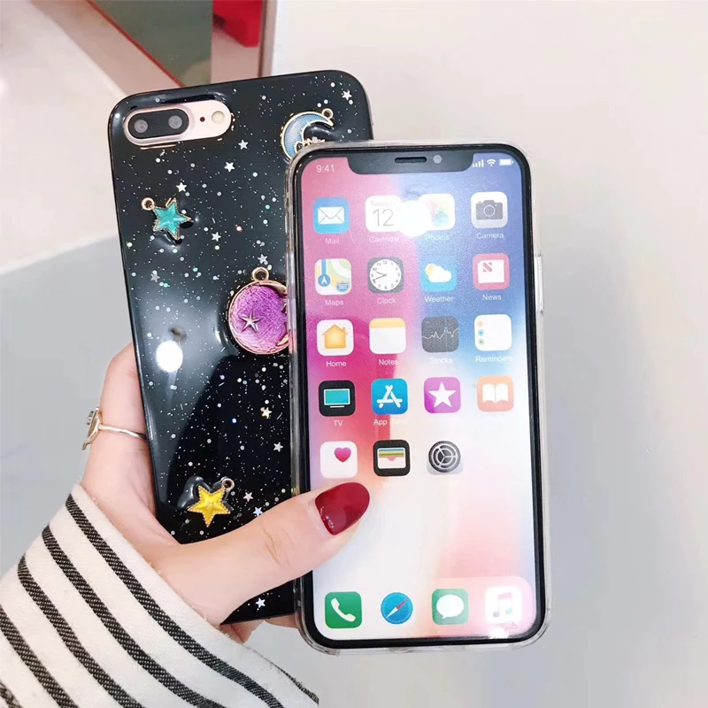 Fashion Moon Stars Planet Phone Case For iphone X Bling Glitter Universe 6S 6 7 8 Plus Cover Capa |