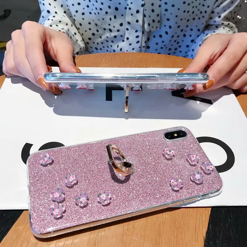 Luxury DIY Handmade Flower Cover for Huawei P8 P9 P10 Lite P20 P30 Pro Bling Glitter Finger Ring Flash powder Case |