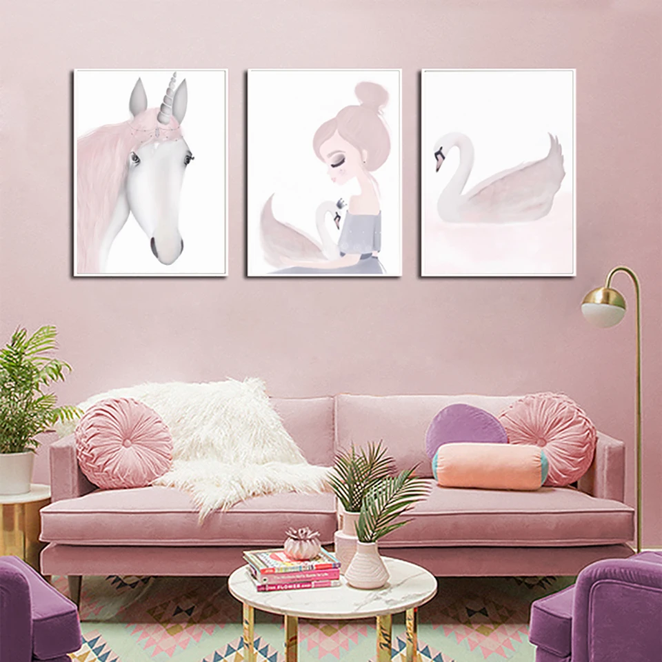 Украшение для дома скандинавский стиль HD печать единорог лебедь девочка постер