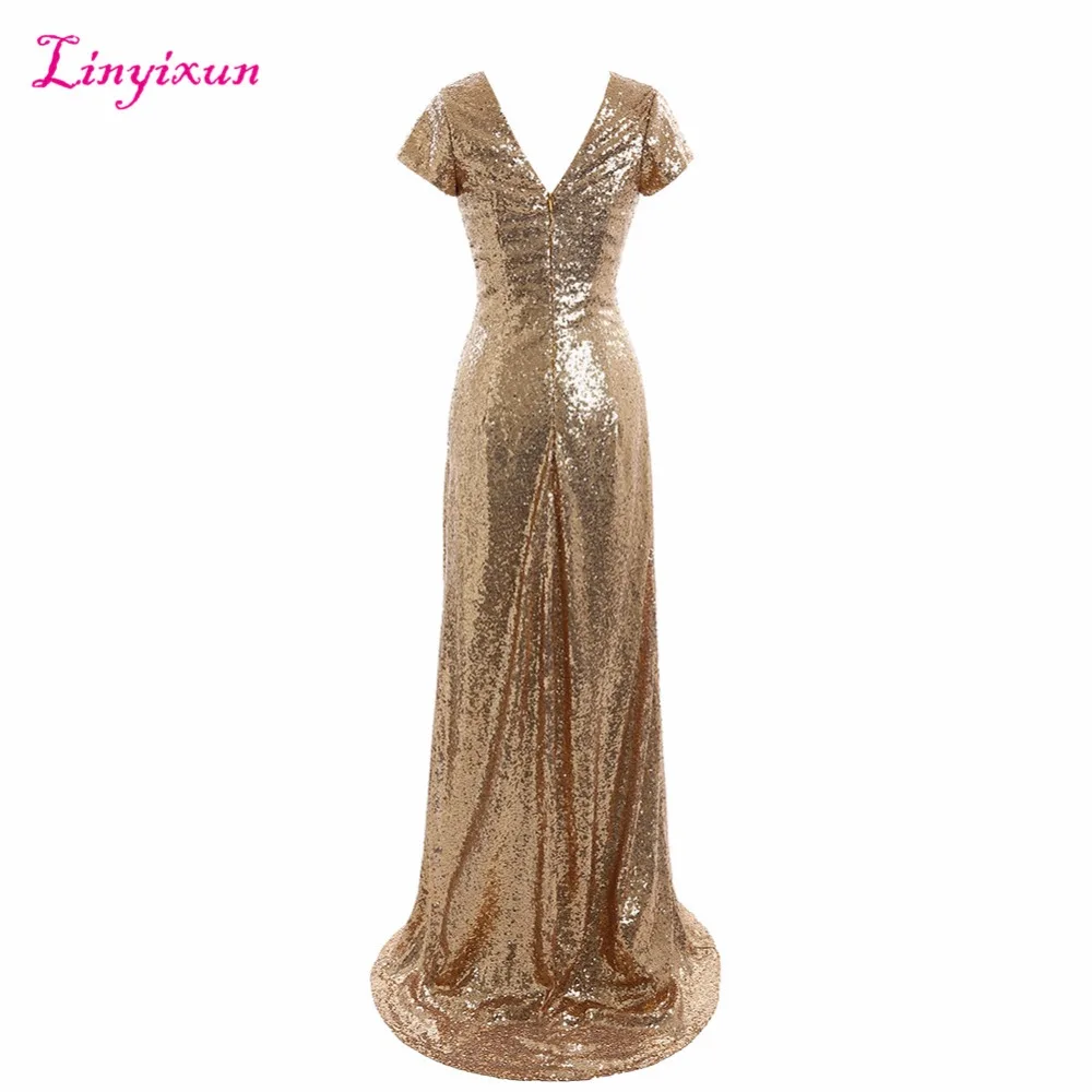 Linyixun Настоящее фото шампанского длинные платья подружки невесты 2017 расшитое