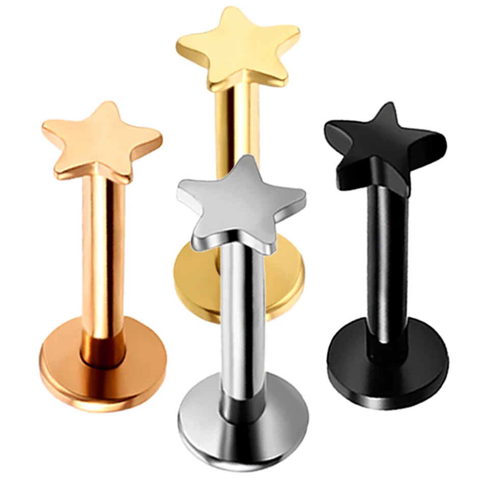 4 шт. стальных сердце звезда лого лабрет губа студ колец разных цветов 16G ухо хрящ трагус геликс штанга серьги модного ювелирного изделия.