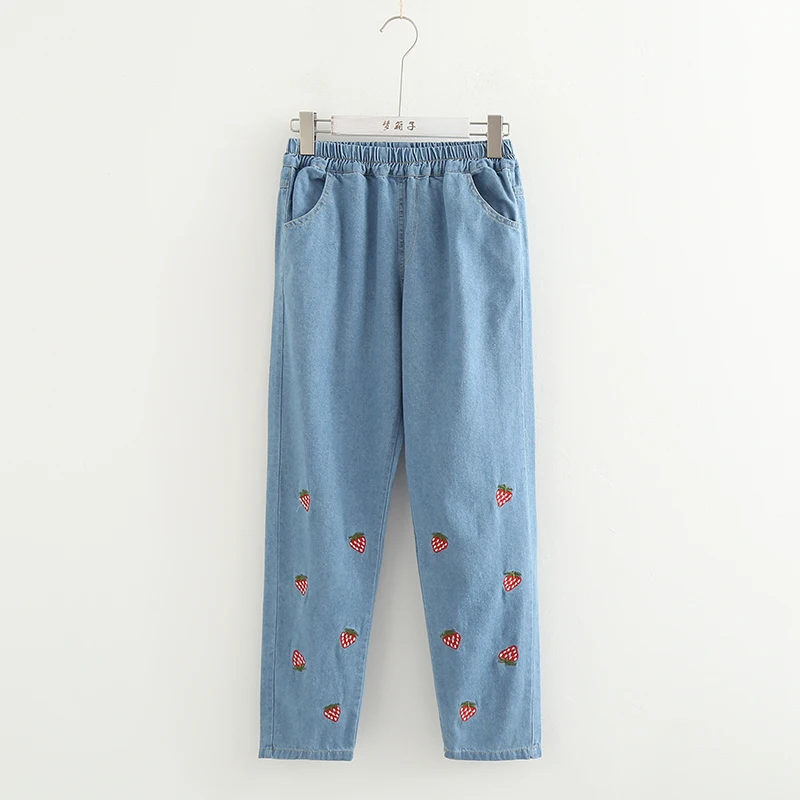 

Japanese Kawaii Denim Pants Teen Girls Harajuku Cute Strawberry Embroidery Jeans Pants Elastic High Waist Autumn Denim Pants