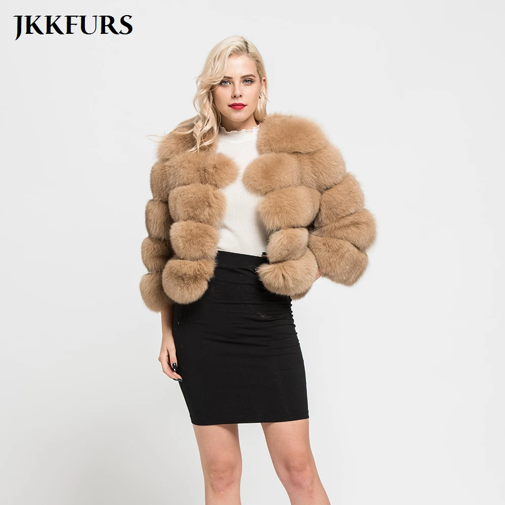 JKKFURS/Женская оригинальная натуральная лиса меховые пальто с карманами, зимняя теплая меховая верхняя одежда, модный натуральный мех, высокое качество, укороченная куртка S1796