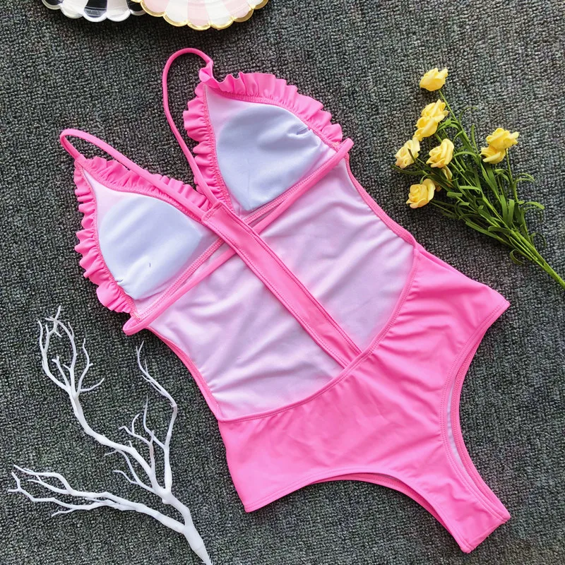 Сексуальный Одноцветный купальник с оборками для женщин Maillot De Bain Femme Купальник Цельный купальник для женщин купальный костюм Монокини