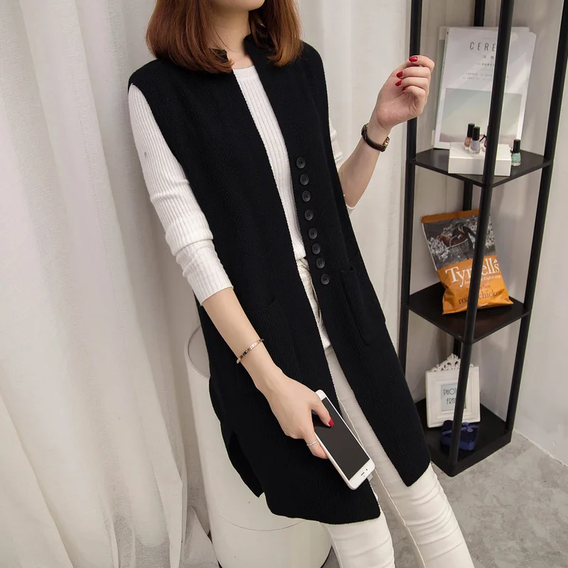 Для женщин модные элегантные леди карман пальто без рукавов Вязаные Жилеты для