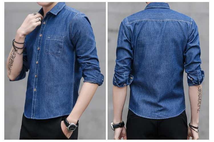 LONMMY 4XL Denim shirt male long sleeves men dress Cotton cowboy blouses Jeans casual slim fit 100% cotton 2018 Spring | Мужская одежда
