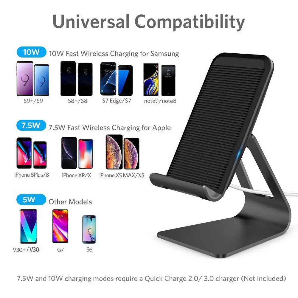Nulaxy Беспроводная зарядка Алюминиевая регулируемая Qi-сертифицированная станция зарядки мощностью 10 Вт, совместимая с iPhone Xs Max/XS/XR/X/8/8P.