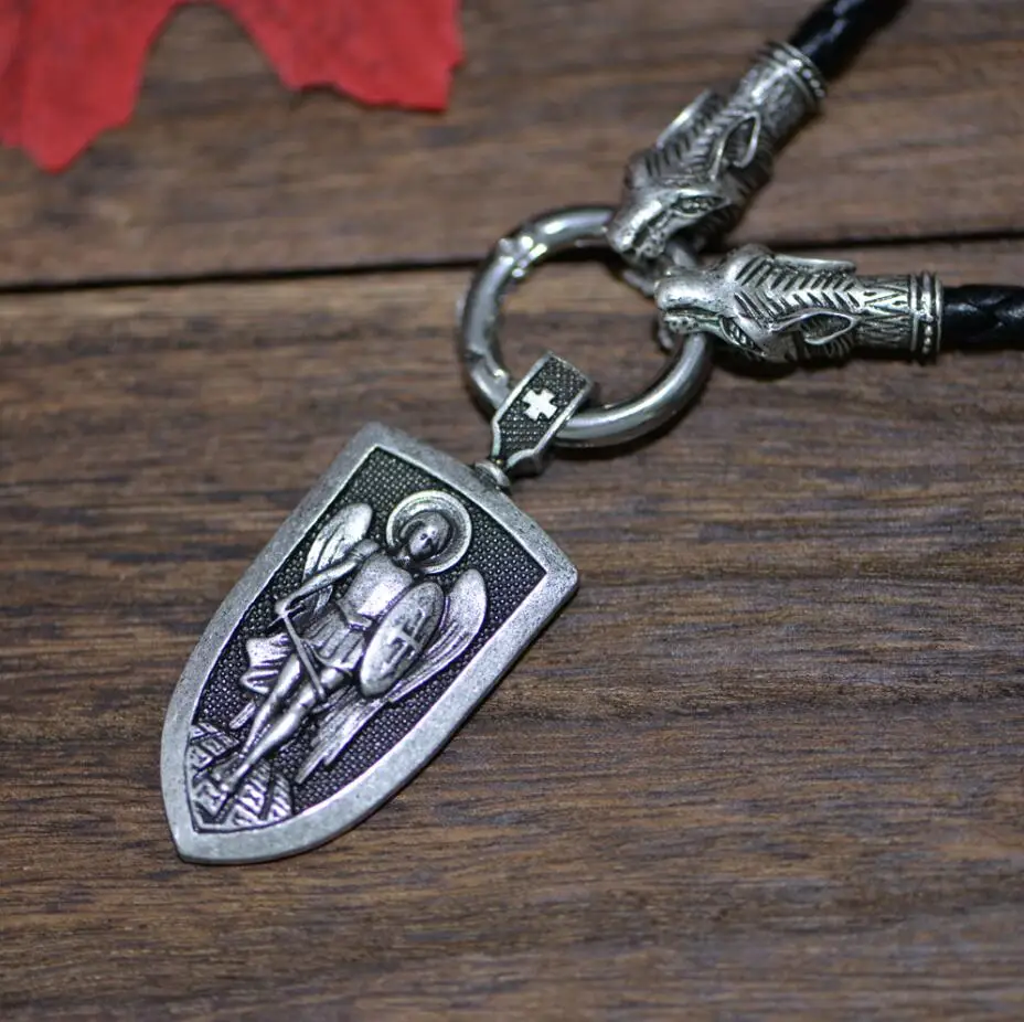 Leather Cord Two AS Langhong 1 шт. подвеска с Майклом защитите меня амулет религиозное ожерелье - Окраска металла: Leather Cord Two AS