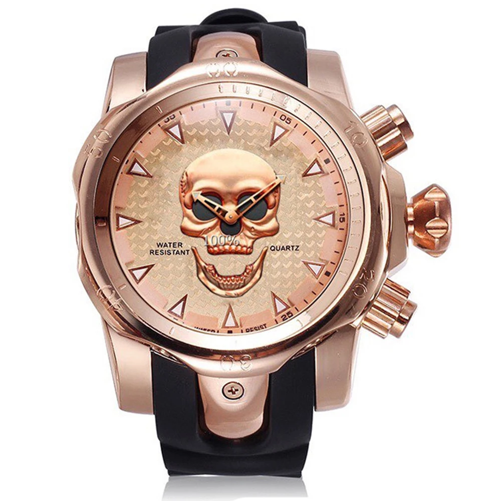 rose gold Для мужчин череп кварцевые мужские часы с изображением скелета частные часы большие военные мужские часы Водонепроницаемый наручные часы Relogio Masculino для подарка - Цвет: rose gold
