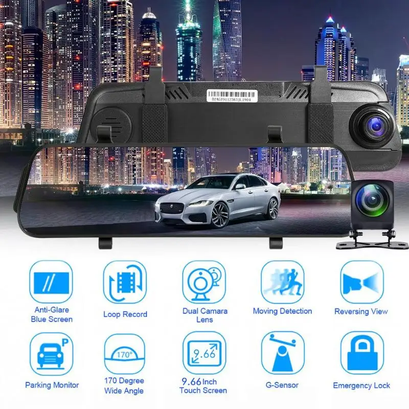 L9602 видеорегистратор 9 66 дюймов Автомобильное зеркало заднего вида DVR камера 1080p