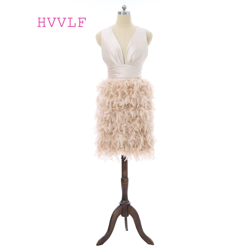 

Real Photo Cocktail Dresses Sheath Deep V-neck Short Mini Satin Feather Open Back Homecoming Dresses