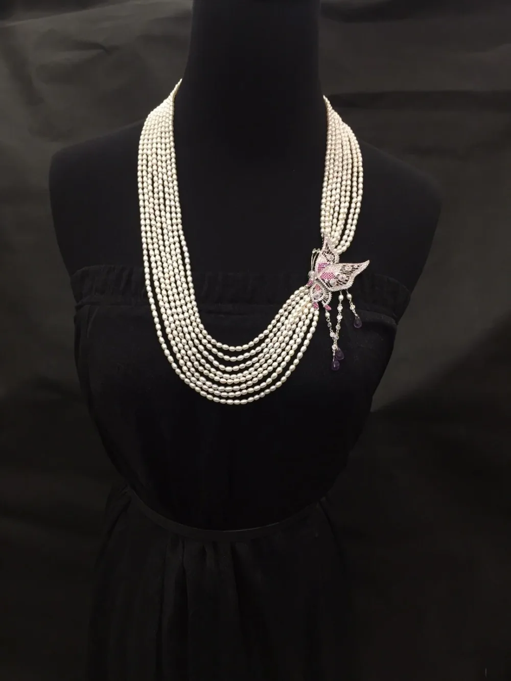 ?? ロングナチュラル淡水真珠ネックレス小さなパールライス形状マルチ層 925 スターリングシルバー立方ジルコン蝶