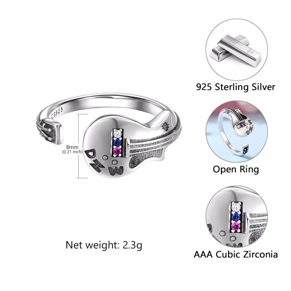 SILVERCUTE регулируемое кольцо для гитары женщин 925 стерлингового серебра открытые