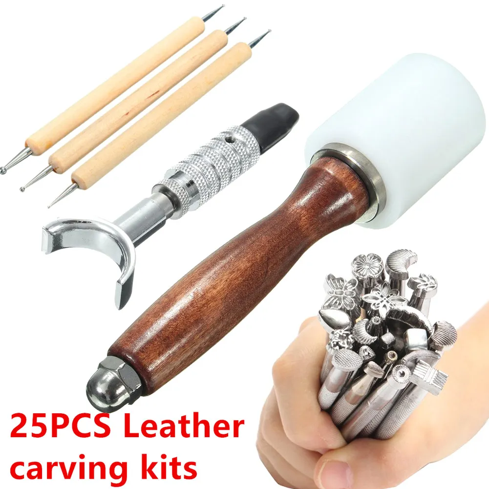 Hot 25Pcs/Set Manual Leather Craft Stamping Carved Wooden Hammer Embossing Tools Kit FQ-ing | Дом и сад