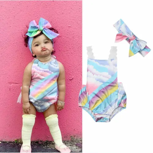 2019 Брендовое Кружевное боди с радужным принтом для новорожденных девочек