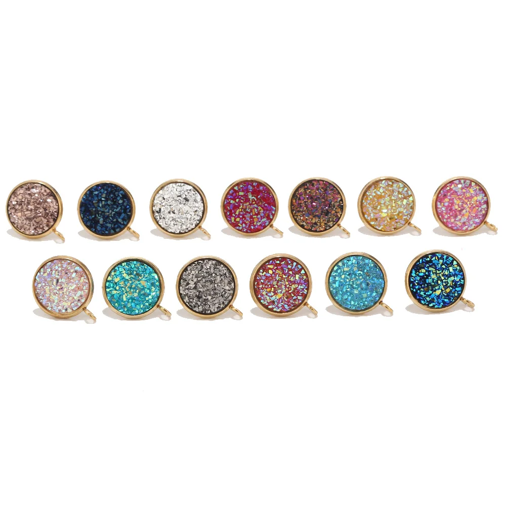 10pcs 12mm Round Resin Druzy Stainless Steel Stone Post Earring Findings with Loop Gold Stud Earrings Supplies | Украшения и