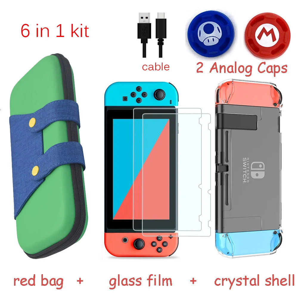 6 in 1 green 6 в 1 сумка для хранения игровой консоли для nintendo Switch NS чехол для nintendo Switch+ жесткий корпус+ пленка из закаленного стекла+ 2 крышки для захвата - Цвет: 6 in 1 green