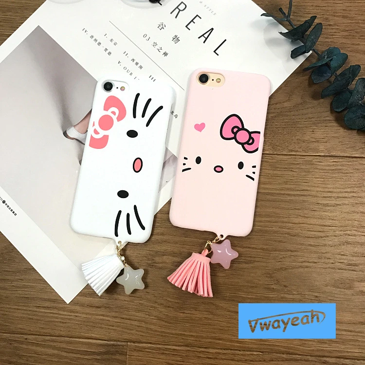Ins hot With Star Tassel Pendant For iPhone x 10 6 7 8 Plus Lovely Kawaii Japanese Style Cartoon Beard Cat Kitty Candy Pink Case | Мобильные