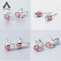 100 925 real sterling silver 2018 women fashion cute pink strawberry crystal bow rabbit heart stud earrings for women gifts