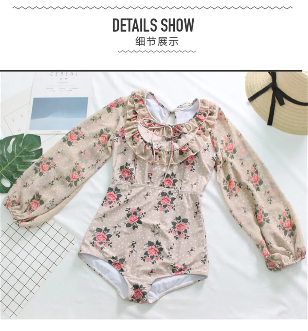 Long Sleeve One Piece Swimsuit Women Floral Swimwear Chiffon Monokini Push Up Swim Suit Ruffle Trikini Pad Bath Suit Backless