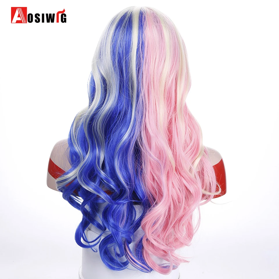 Comic Harley Quinn Synthetic Wig Mixed Color Blue and Pink Ombre Long Wavy AOSIWIG | Шиньоны и парики