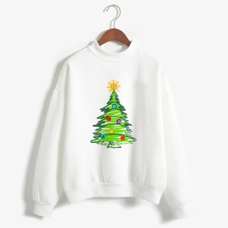 Fashion Christmas Printing High-collar Long Sleeves Pullovers Casual Solid White Sweatshirts with Cartoon Pattern | Женская одежда