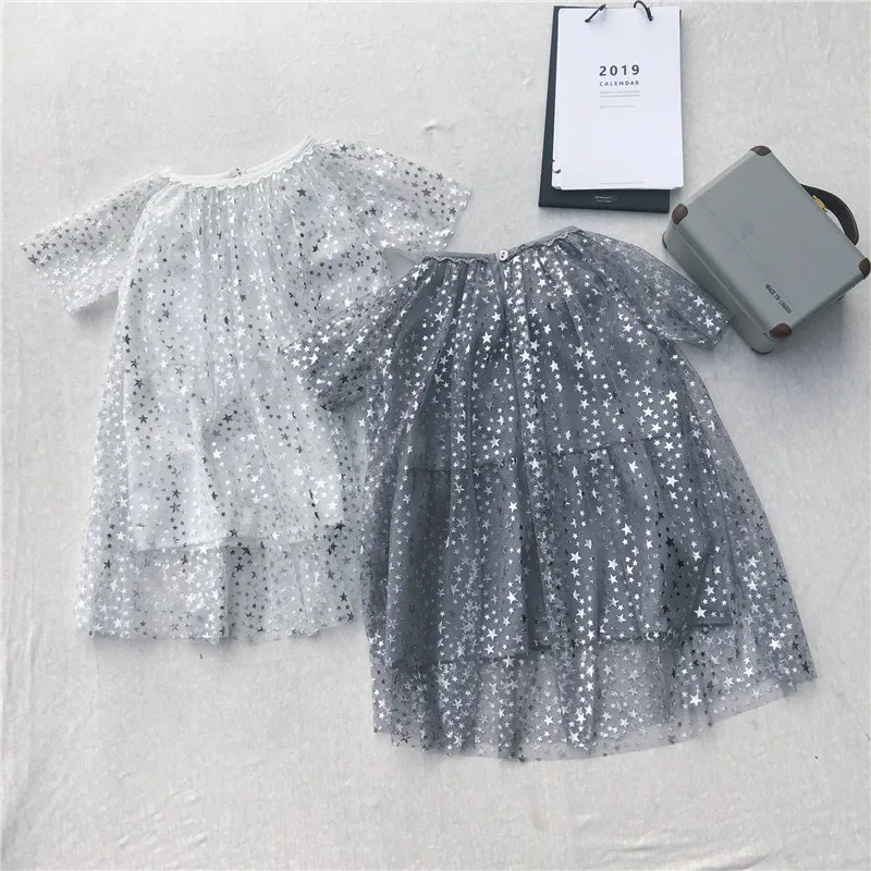 Sweet Mesh Children's Dresses Star Sequined Ball Gown Dress For Girl Short Sleeve Net Yarn Tutu Summer Girls Clothing | Детская