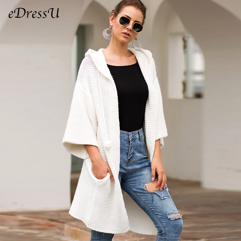 Women Cardigan Autumn Long Knitted Jacket Oversized Hooded Sweater Winter White Red Coat with Hat Lady Outwear eDressU SJ-VD3069 |