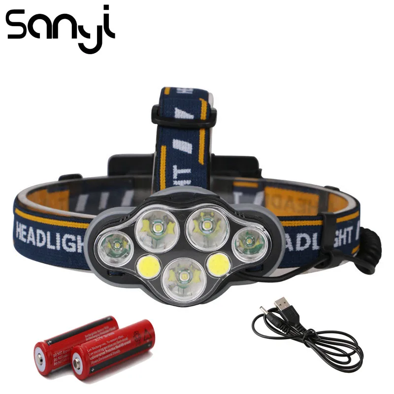 Налобный фонарь SANYI 3 * T6 + 2 XPE COB светодиодный перезаряжаемый с USB 8 режимов для