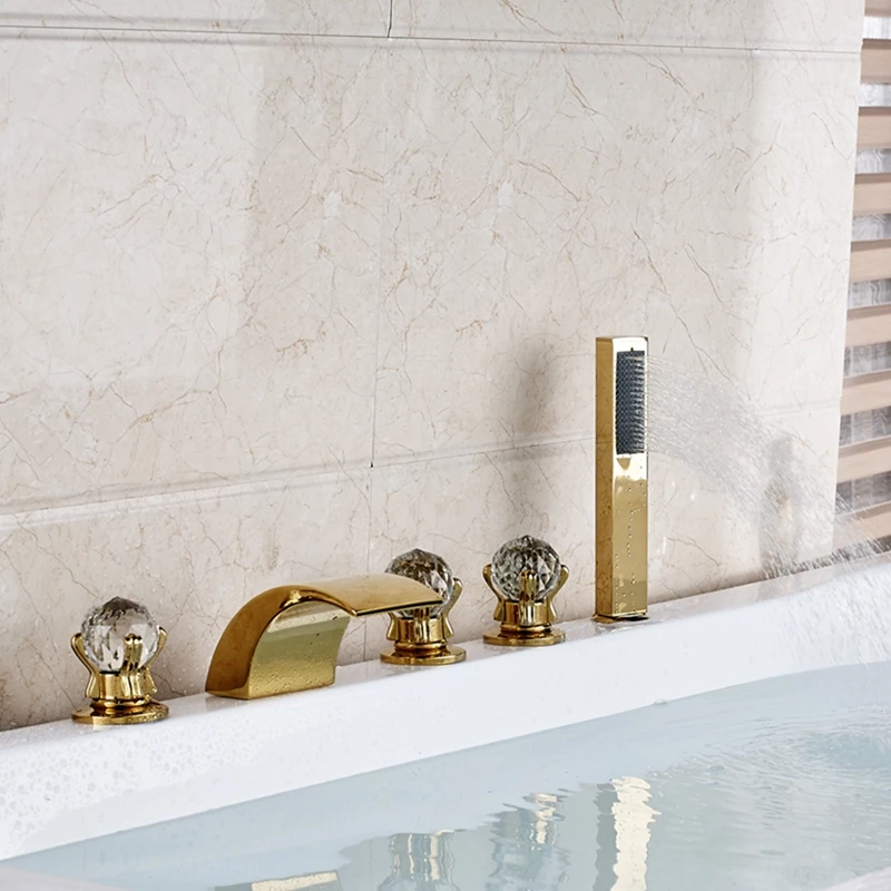 Широкий золотистый латунный Смеситель для ванны с носиком водопада ручным