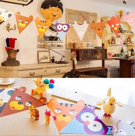 Гирлянда с милыми мультяшными животными и флажками праздничные принадлежности