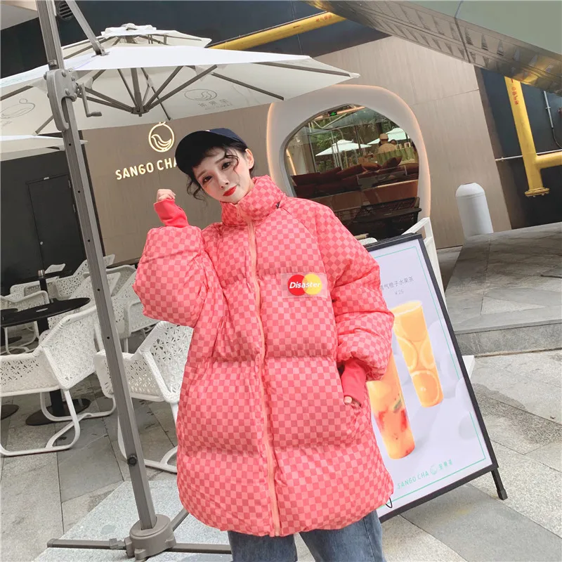 Зимняя женская куртка, модные клетчатые хлопковые пальто Harajuku, свободная стеганая верхняя одежда, теплая Женская парка с капюшоном, Толстая куртка TY288