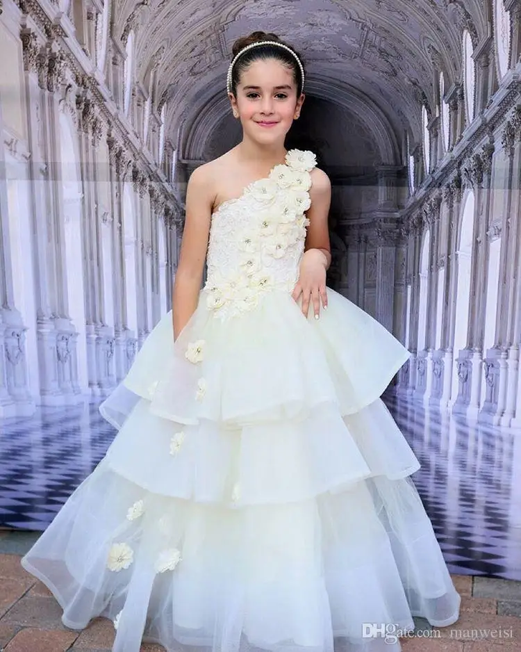 

One Shoulder Lace Flower Girls' Dresses For Weddings Long Crystal Tiered Ruffles Little Girl Pageant Gowns Communion Dress