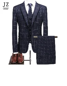 JZ CHIEF 3 шт клетчатый мужской костюм Slim Fit Свадебный костюм жениха куртка повседневный пиджак в деловом стиле брюки жилет элегантный костюм для выпускного вечера мужской