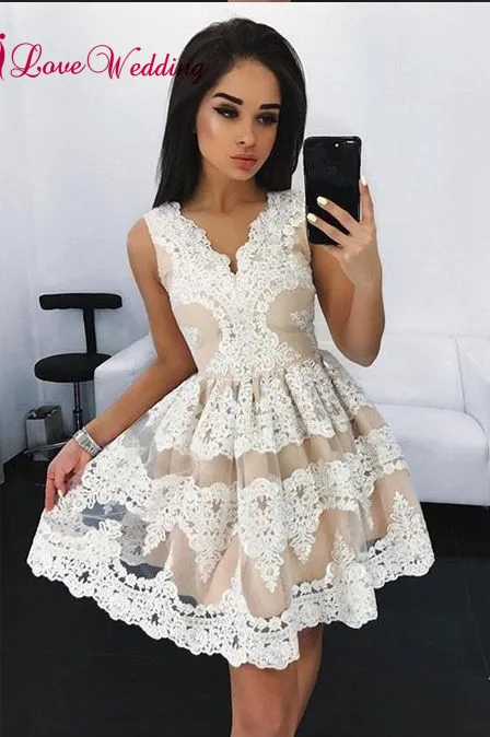 Hot Sale Sexy V Neck Lace Applique Custom made A Line Lilac Short Party Prom Dresses | Свадьбы и торжества