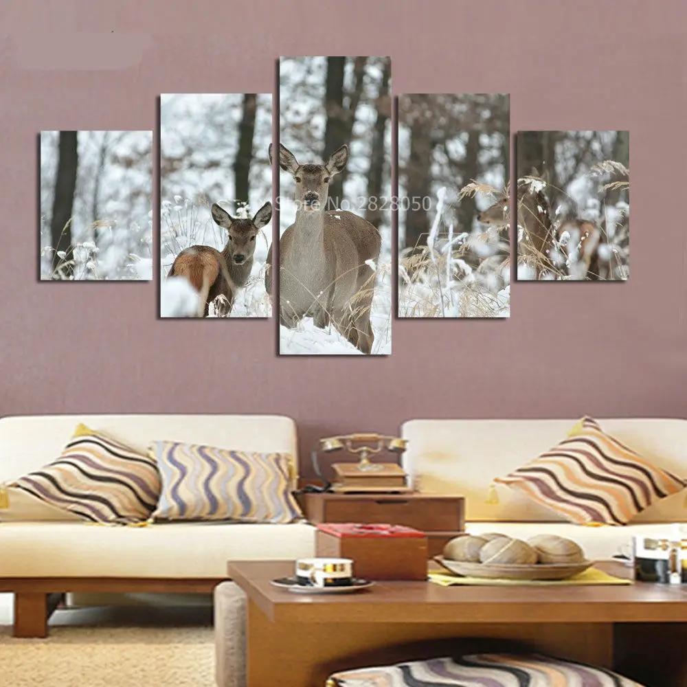 Синий попугай олень животное холст искусство 5 панелей картина в рамке гостиная