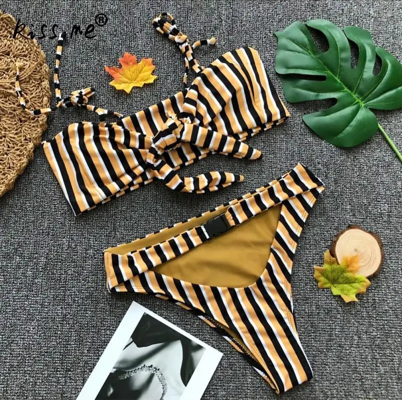 2018 Новый женский купальник танкини с высокой талией в полоску бикини одним