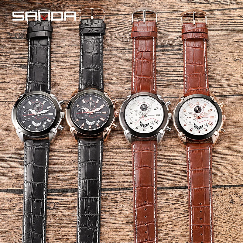 SANDA для мужчин s часы хронограф кожаный ремешок Кварцевые армии Военная Униформа
