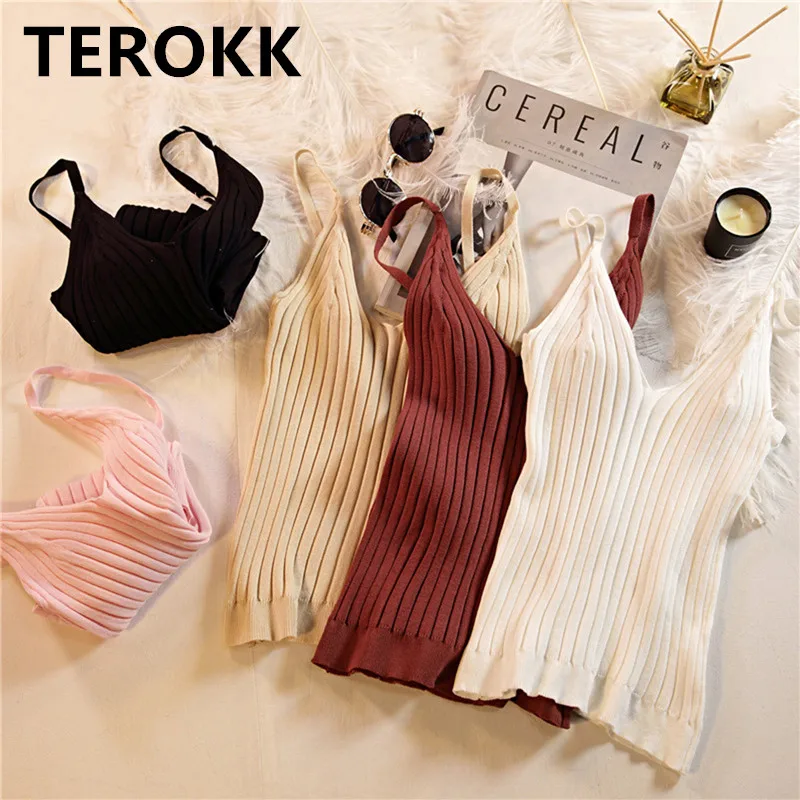 

Summer Tank Tops Women's Knitted Solid Color V Neck Crop Tops Cami Camisole Female Camisas Mujer