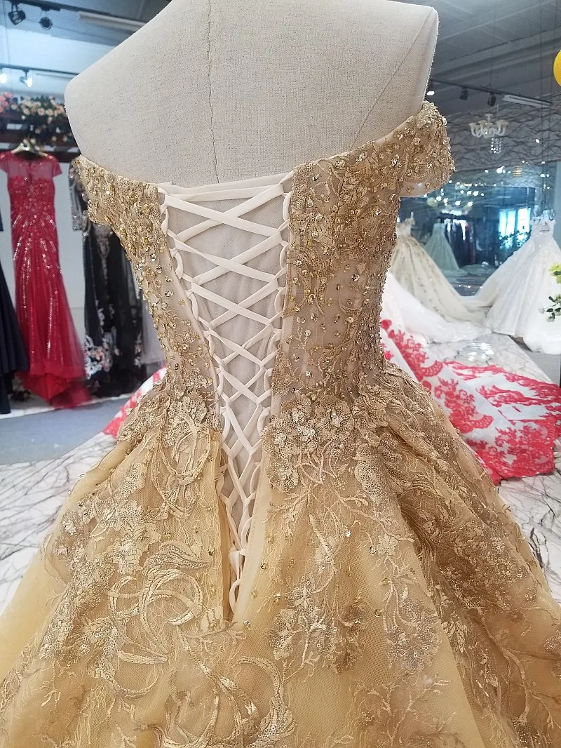 LS65740 золотистые цветы красивое платье быстрой доставки от фарфора от плеча возлюбленной зашнуровать вверх назад a-line дешевое вечернее платье
