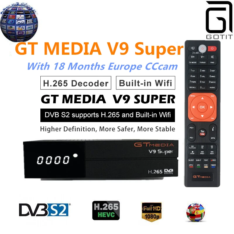 GT Media V9 Супер Спутниковый ресивер DVB-S2 H.265 встроенный WI-FI+ 1 год Европа Испания CCcam ТВ коробка новейшая версия V8 супер