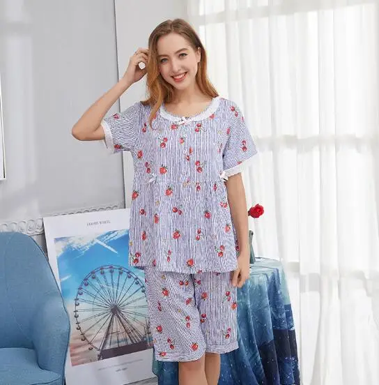 

Fdfklak New casual cotton pajamas women short sleeve summer sleepwear set loose women's nightwear pijama print female pyjamas