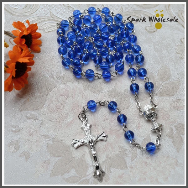 Священный религиозный Розарий 6 мм белый стеклянный Ожерелье Chalice центральный