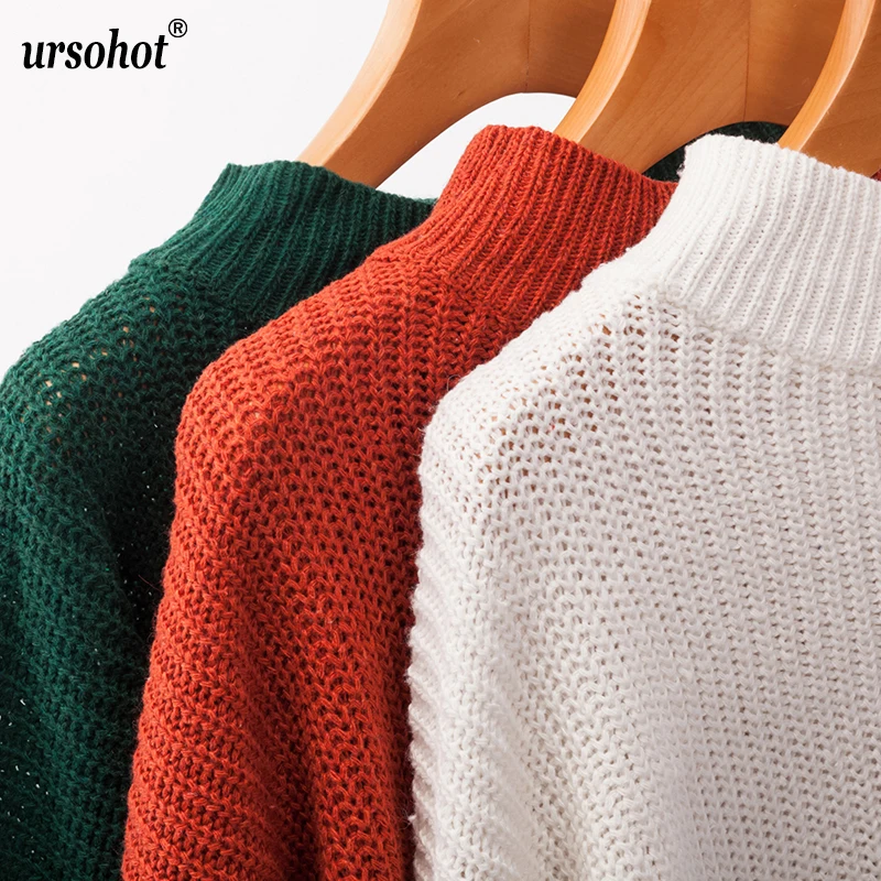 Ursohot Autumn Turtleneck Sweaters Women Invierno 2019 Loose Solid Knitted Pullover Lantern Sleeve Ladies Jumpers | Женская одежда